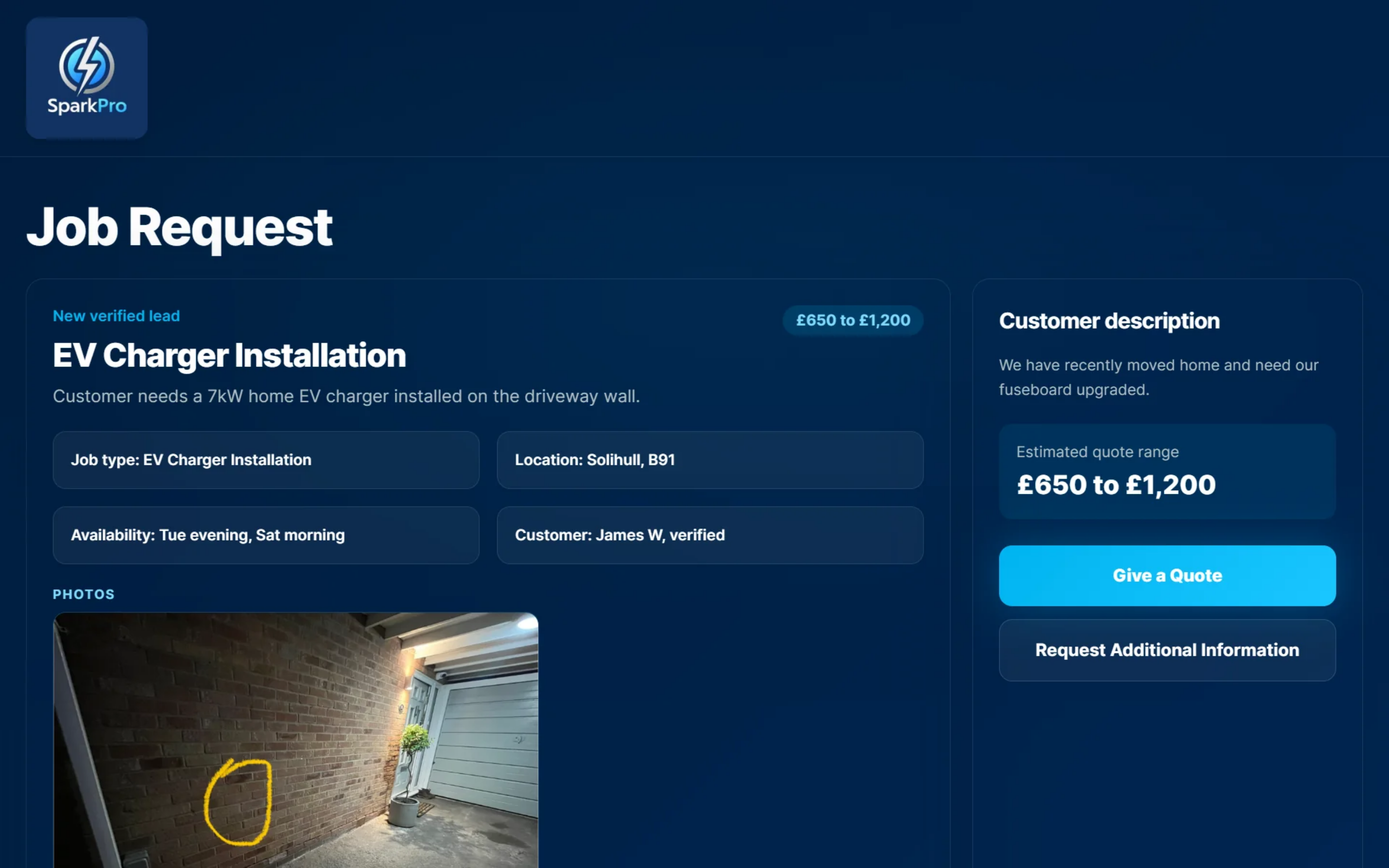 SparkPro job request screen