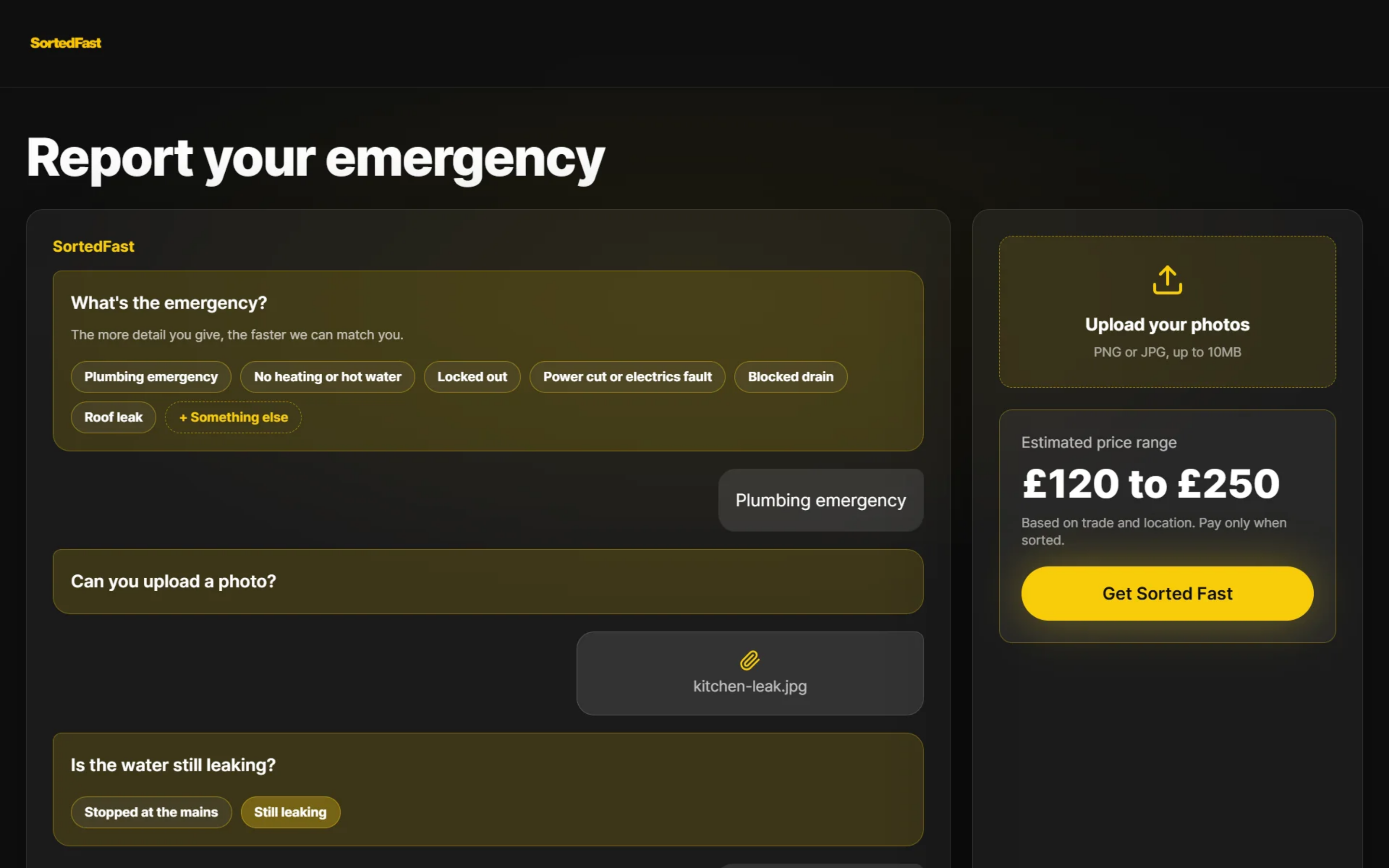 SortedFast emergency reporting screen
