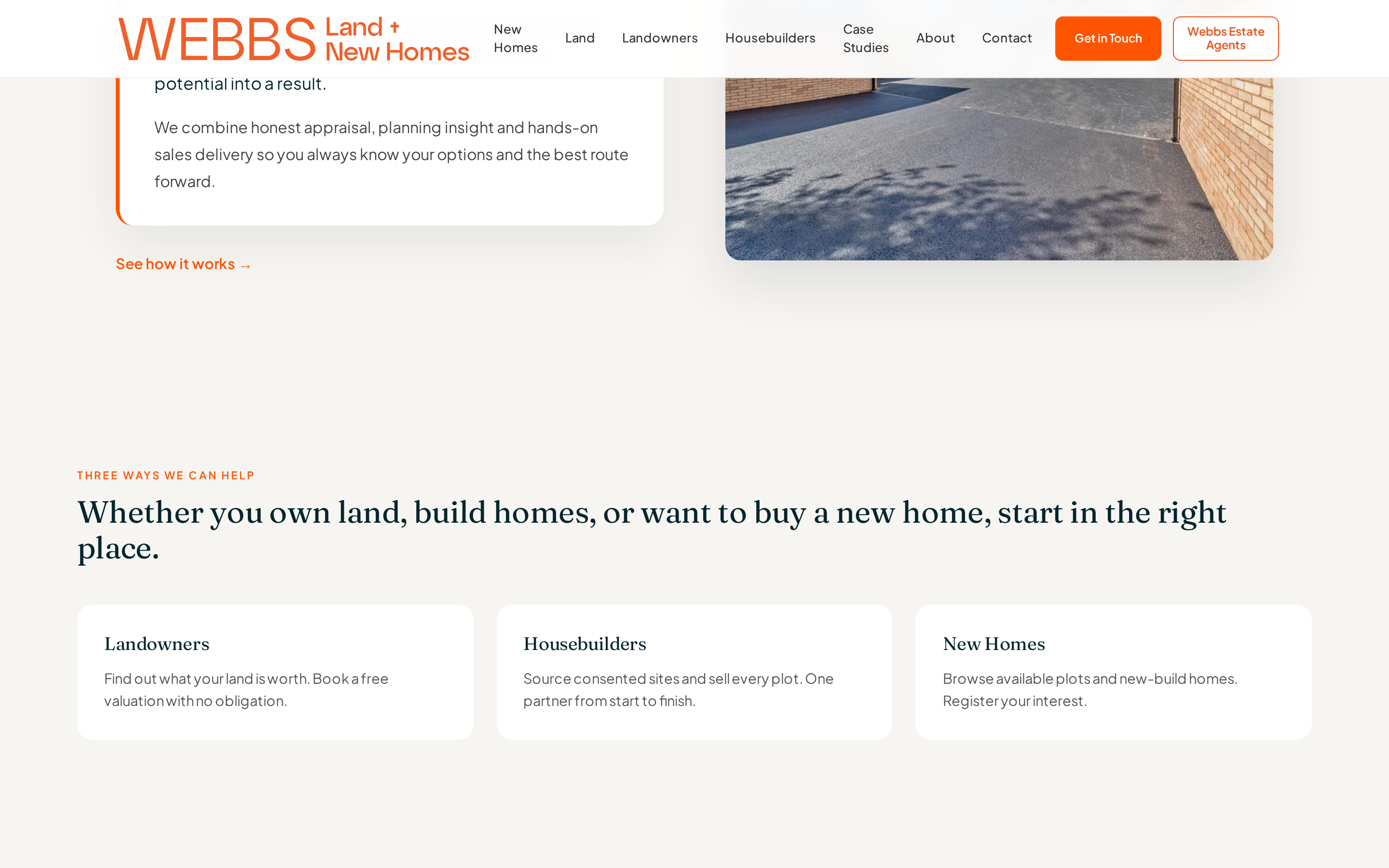 Webbs homepage showing routes for landowners, housebuilders and new homes
